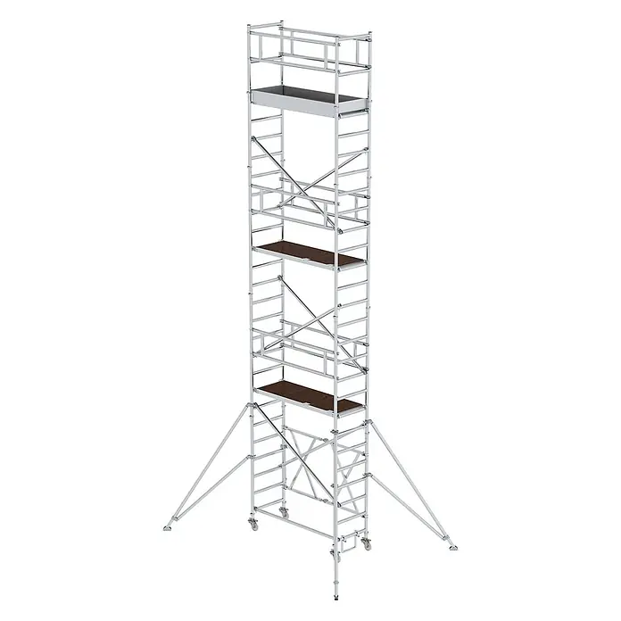 Munk Klappgerüst Klappgerüst 0,75x1,80m Plattform, 8,80m Arbeitshöhe - Arbeitshöhe: 8.800 m - Hohes, silbernes Rollgerüst mit mehreren Plattformen und stabilisierenden Auslegern.