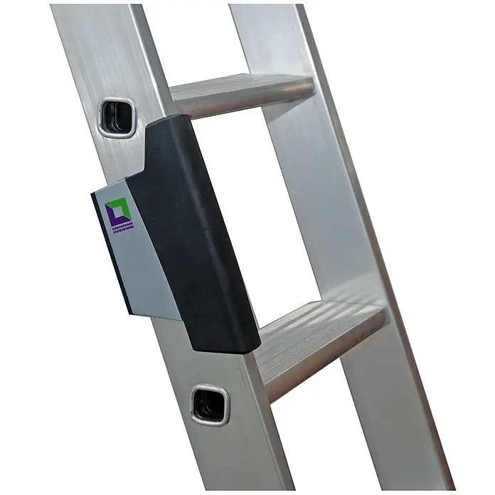 Munk Anlegeleiter Stufenanlegeleiter mit Ergo-Pad ohne Traverse 8 Stufen - Anzahl Tritte: 8 Stk., Arbeitshöhe: 3.300 m, Aluminium - Aluminiumleiter mit schwarzem und grauem Griff am Holm, mit Günzburger Steigtechnik Logo.