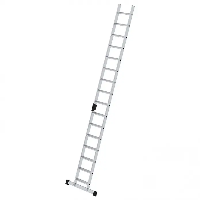 Munk Anlegeleiter Stufenanlegeleiter mit Traverse und Ergo-Pad 16 Stufen - Anzahl Tritte: 16 Stk., Arbeitshöhe: 5.300 m, Aluminium - Silberne Aluminium-Ausziehleiter mit schwarzen Gummifüßen und einem schwarzen Verschlussmechanismus.