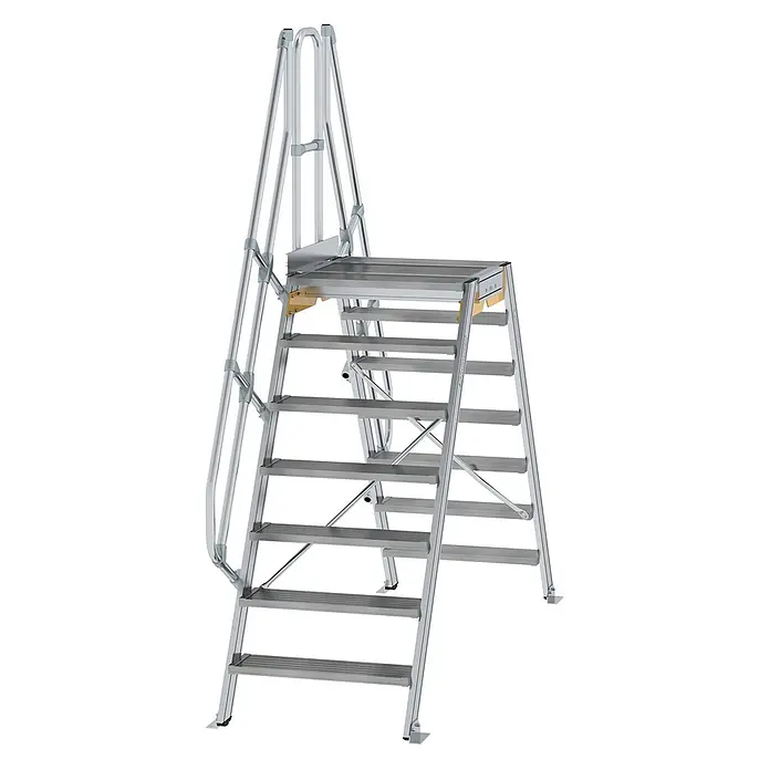 Munk Doppel-Stehleiter Überstieg 60° inkl. einen Handlauf, Stufenbreite 800mm, 2x7 Stufen - Anzahl Tritte: 7 Stk., Aluminium - Mobile Aluminium-Arbeitsplattform mit Handläufen und breiten Stufen.