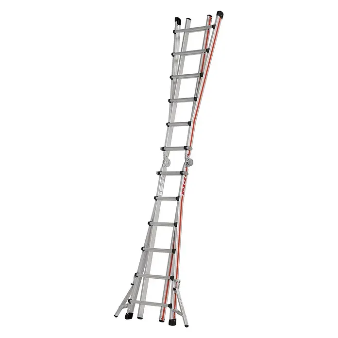 Hymer Anlegeleiter Teleskopleiter Telestep 4x6 Sprossen - Anzahl Tritte: 6 Stk., Arbeitshöhe: 7.200 m, Aluminium - Silberne Aluminium-Mehrzweckleiter mit roten Akzenten, verstellbaren Gelenken und schwarzen rutschfesten Füßen für vielseitigen Einsatz.