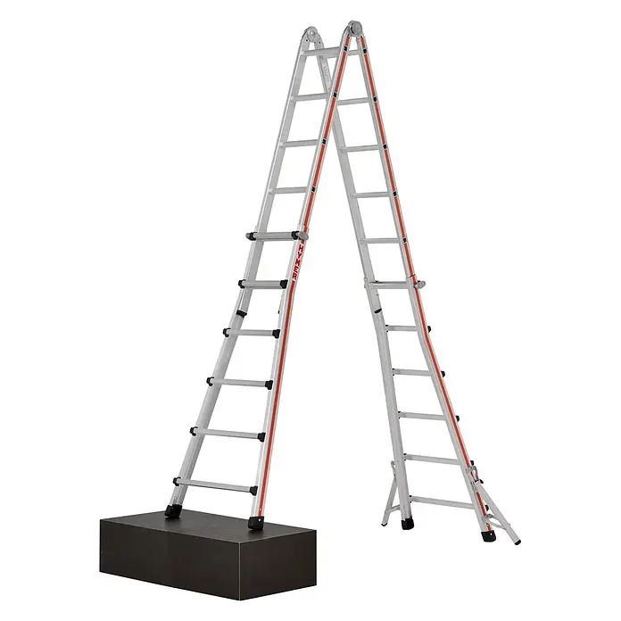 Hymer Anlegeleiter Teleskopleiter Telestep 4x6 Sprossen - Anzahl Tritte: 6 Stk., Arbeitshöhe: 7.200 m, Aluminium - Silberne Aluminium-Mehrzweckleiter mit roten Akzenten, als Stehleiter konfiguriert, eine Seite auf einer dunklen Plattform.