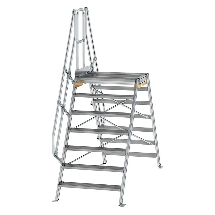 Munk Doppel-Stehleiter Überstieg 60° inkl. einen Handlauf, Stufenbreite 1000mm, 2x7 Stufen - Anzahl Tritte: 7 Stk., Aluminium - Silberne Aluminium-Arbeitsplattform mit Handläufen.