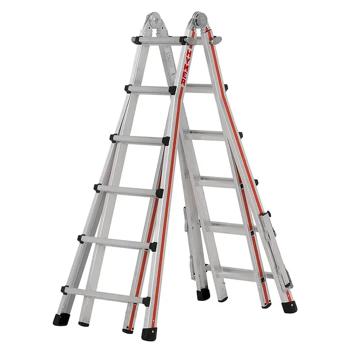 Hymer Anlegeleiter Teleskopleiter Telestep 4x6 Sprossen - Anzahl Tritte: 6 Stk., Arbeitshöhe: 7.200 m, Aluminium - Silberne Aluminium-Mehrzweckleiter mit roten Akzenten, in A-Form aufgestellt.