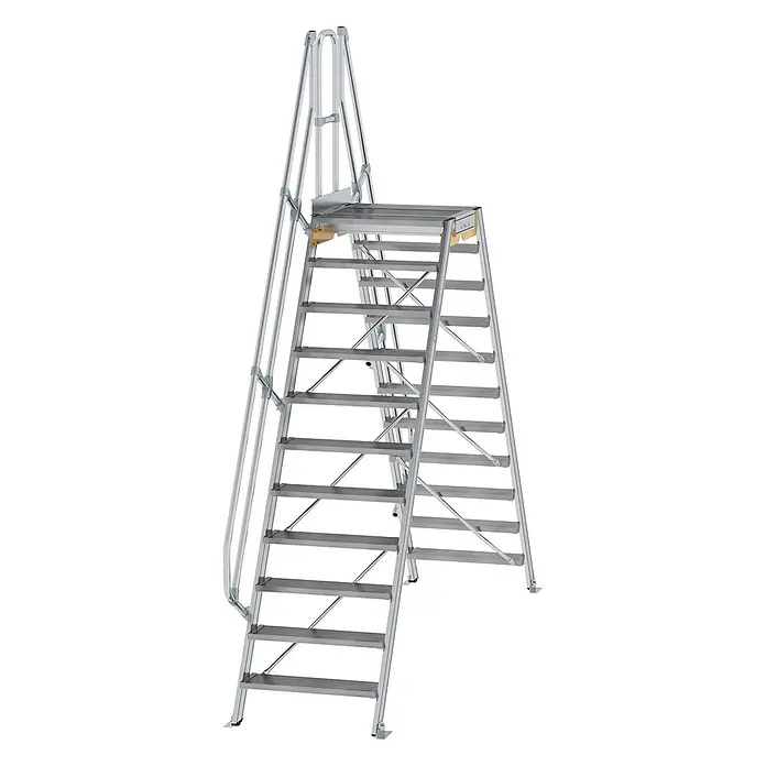Munk Doppel-Stehleiter Überstieg 60° inkl. einen Handlauf, Stufenbreite 800mm, 2x11 Stufen - Anzahl Tritte: 11 Stk., Aluminium - Silberne Alu-Arbeitsplattform mit Stufen, Handläufen und breiter Standfläche.