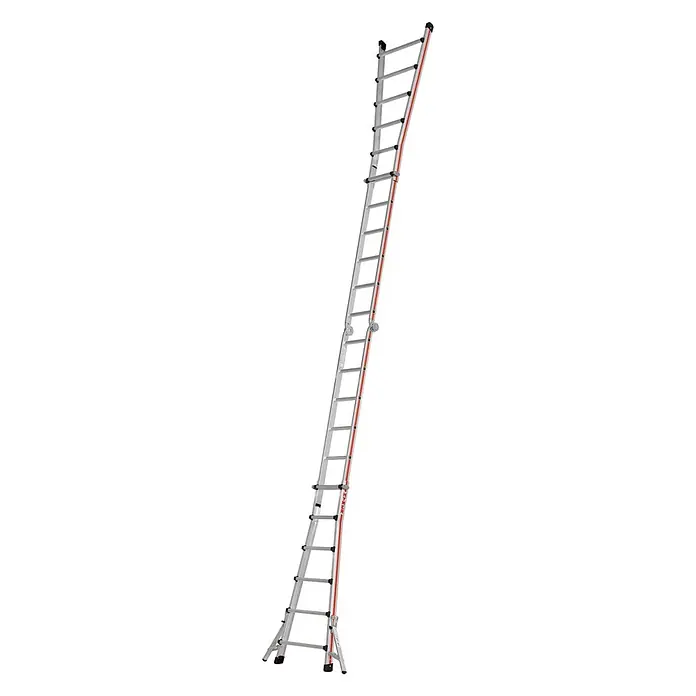 Hymer Anlegeleiter Teleskopleiter Telestep 4x6 Sprossen - Anzahl Tritte: 6 Stk., Arbeitshöhe: 7.200 m, Aluminium - Silberne Aluminium-Mehrzweckleiter mit roten Akzenten, als Anlegeleiter mit breiter Stabilisierungsstange aufgebaut.