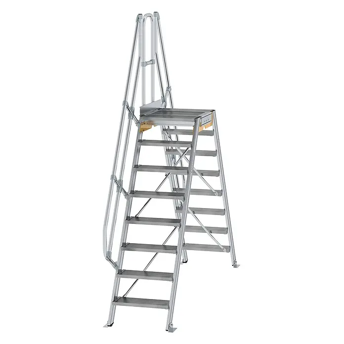 Munk Doppel-Stehleiter Überstieg 60° inkl. einen Handlauf, Stufenbreite 600mm, 2x8 Stufen - Anzahl Tritte: 8 Stk., Aluminium - Silberne Aluminium-Arbeitsplattform mit beidseitigen Stufen und Handläufen für sicheres Arbeiten in der Höhe.