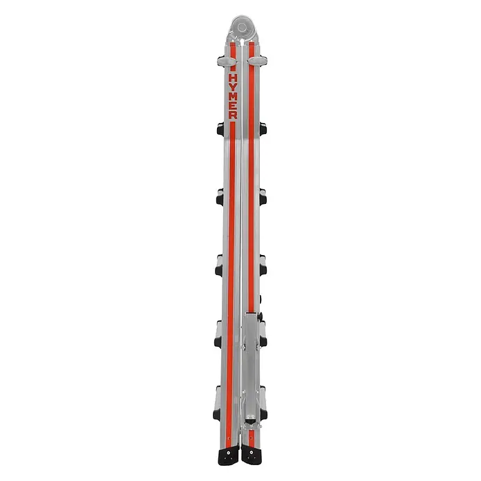 Hymer Anlegeleiter Teleskopleiter Telestep 4x6 Sprossen - Anzahl Tritte: 6 Stk., Arbeitshöhe: 7.200 m, Aluminium - Geklappte silberne HYMER Mehrzweckleiter mit roten Streifen und schwarzen Stufen.