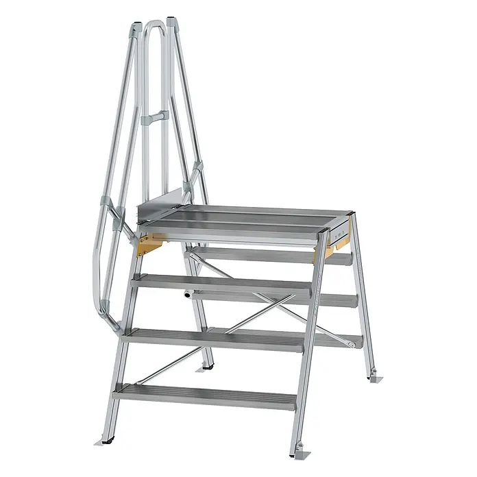 Munk Doppel-Stehleiter Überstieg 60° inkl. einen Handlauf, Stufenbreite 1000mm, 2x4 Stufen - Anzahl Tritte: 4 Stk., Aluminium - Silberne Aluminium-Zugangsplattform mit Stufen und Sicherheitsgeländer.