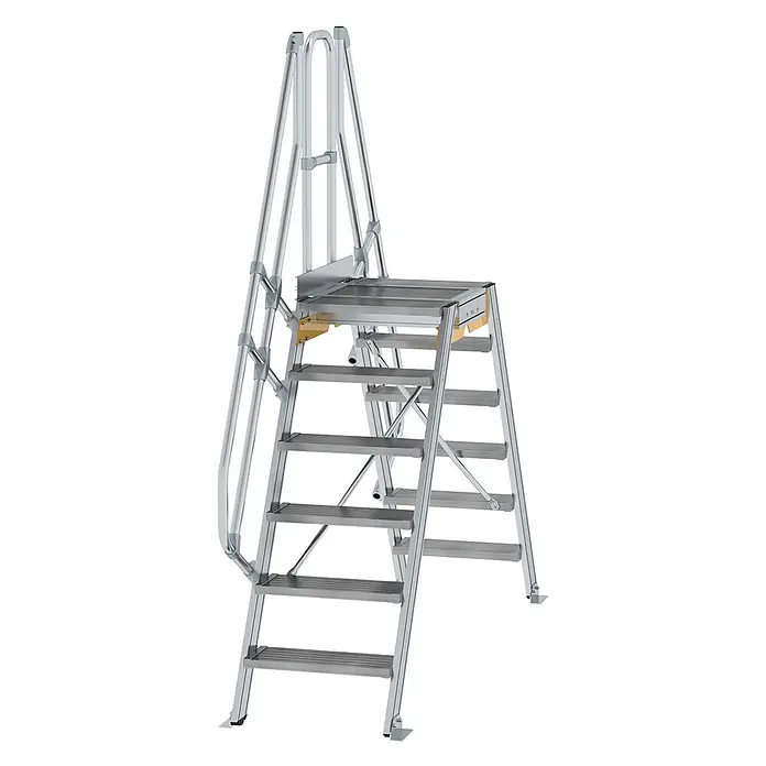 Munk Doppel-Stehleiter Überstieg 60° inkl. einen Handlauf, Stufenbreite 600mm, 2x6 Stufen - Anzahl Tritte: 6 Stk., Aluminium - Silberne mobile Aluminium-Arbeitsplattform mit Stufen und Handläufen für sicheren Zugang in der Höhe.