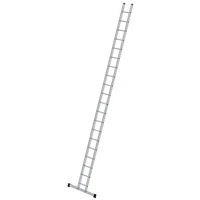 Munk Anlegeleiter Anlegeleiter B35 mit Traverse 20 Sprossen - Anzahl Tritte: 20 Stk., Arbeitshöhe: 7.000 m, Belastbarkeit: 150 kg, Aluminium - Lange silberne Aluminium-Anlegeleiter mit schwarzen Antirutschkappen und Stabilisatorbalken.