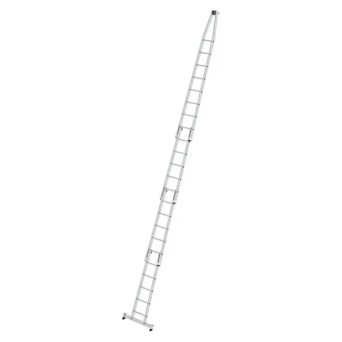 Munk Anlegeleiter Glasreinigerleiter mit nivello Traverse 4-teiliger Satz - Anzahl Tritte: 23 Stk., Arbeitshöhe: 8.200 m, Aluminium - Lange silberne Aluminium-Anlegeleiter mit drei Abschnitten und einer Stabilisatorstange unten.