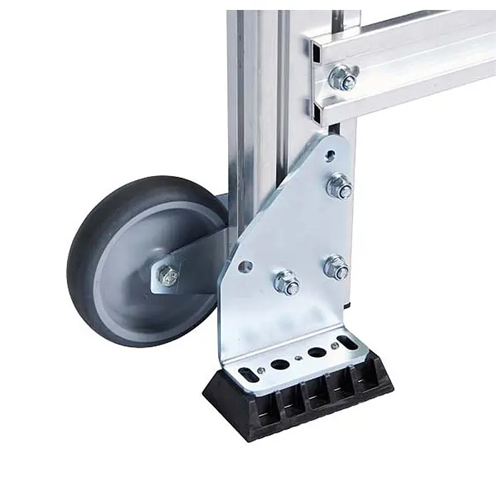 Zarges Klapptritt Treppenpodest 60° 800mm Stufenbreite 4 Stufen - Anzahl Tritte: 4 Stk., Arbeitshöhe: 3.000 m, Aluminium - Aluminium-Rahmenbein mit grauem Rad, silberner Metallhalterung und schwarzem Anti-Rutsch-Gummifuß.
