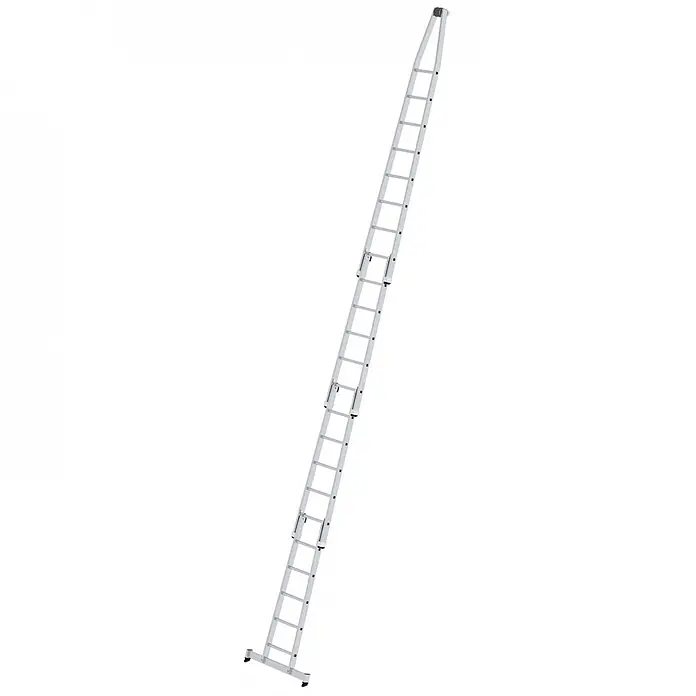 Munk Anlegeleiter Glasreinigerleiter mit nivello Traverse 4-teiliger Satz - Anzahl Tritte: 23 Stk., Arbeitshöhe: 8.200 m, Aluminium - Silberne Aluminium-Ausziehleiter mit mehreren Abschnitten und Stabilisator.