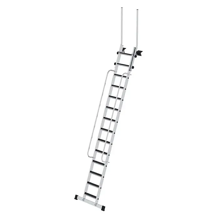 Munk Anlegeleiter Geschossleiter 4,5m AH mit Clip-Step R13 und Handlauf 14 Stufen - Anzahl Tritte: 14 Stk., Arbeitshöhe: 4.500 m, Aluminium - Silberne Metall-Dachbodentreppe mit schwarzen Stufen, integriertem Handlauf und oberen Stützverlängerungen für sicheren Zugang.