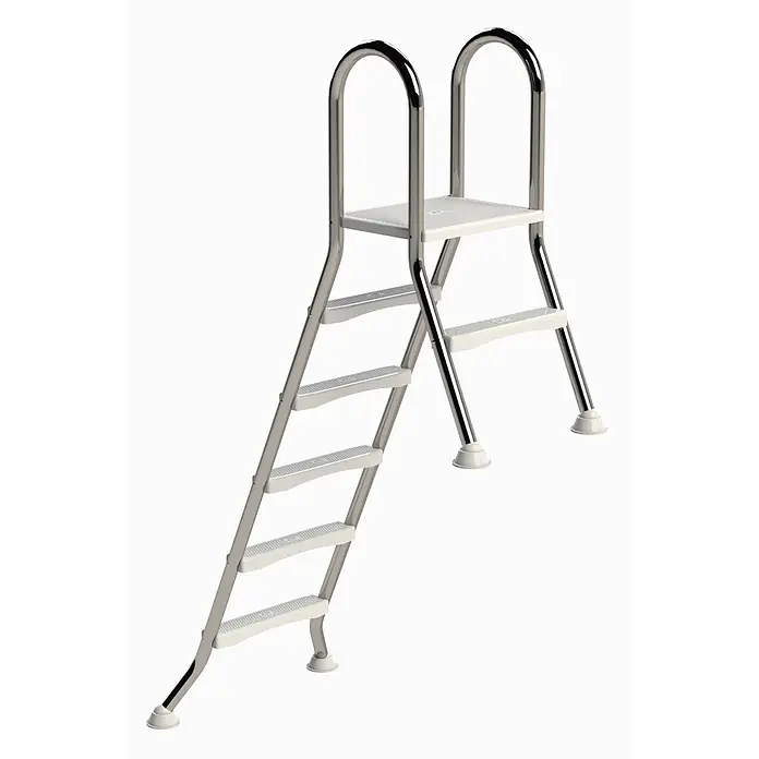 Ideal Eichenwald Anlegeleiter Poolleiter Modell 57 Hochbeckenleiter freistehend Beckenhöhe 1,50m/1,50m 5 - Anzahl Tritte: 5 Stk., Belastbarkeit: 120 kg, Edelstahl - Oberirdische Poolleiter mit poliertem Edelstahlrahmen, weißen Kunststoffstufen und einer oberen Plattform.