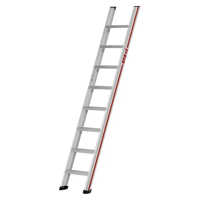 Hymer Anlegeleiter Stufenanlegeleiter mit 8-fach vollvernieteter Stufen 8 Stufen - Anzahl Tritte: 8 Stk., Arbeitshöhe: 3.140 m, Aluminium - Silberne Aluminium-Anlegeleiter mit rotem Streifen und schwarzen Füßen.
