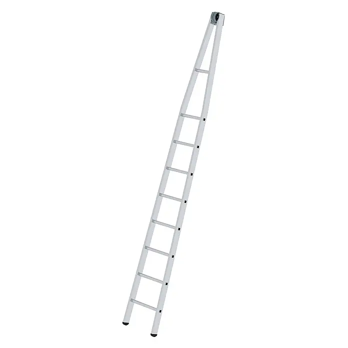 Munk Anlegeleiter Glasreinigerleiter Oberteil mit 8 Sprossen - Aluminium - Silberne Aluminiumleiter mit schwarzen Fußkappen und grauer Oberrolle.