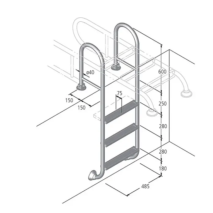 Ideal Eichenwald Anlegeleiter Poolleiter Modell 02 Tina klappbar Beckentiefe 1060mm 3 Stufen - Anzahl Tritte: 3 Stk., Belastbarkeit: 120 kg, Edelstahl - Maßzeichnung einer silberfarbenen Metall-Poolleiter mit drei Stufen und gebogenen Handläufen.