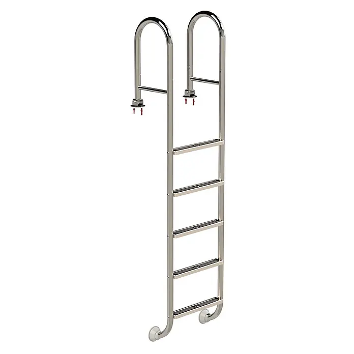 Ideal Eichenwald Anlegeleiter Poolleiter Modell 02 Tina klappbar Beckentiefe 1620mm 5 Stufen - Anzahl Tritte: 5 Stk., Belastbarkeit: 120 kg, Edelstahl - Polierte Metallleiter mit fünf rutschfesten Stufen, gebogenen Handläufen und oberen Befestigungselementen für Pool oder Steg.