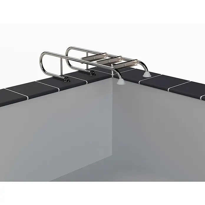 Ideal Eichenwald Anlegeleiter Poolleiter Modell 02 Tina klappbar Beckentiefe 1060mm 3 Stufen - Anzahl Tritte: 3 Stk., Belastbarkeit: 120 kg, Edelstahl - Glänzende Edelstahl-Poolleiter mit weißen Füßen zum einfachen Ein- und Aussteigen.
