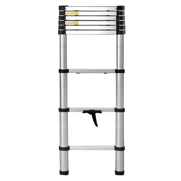 Brunner Anlegeleiter Frankana Laddy Air von Teleskopleiter 10 Stufen - Anzahl Tritte: 10 Stk., Belastbarkeit: 150 kg, Aluminium - Silberne Teleskopleiter mit schwarzen rutschfesten Teilen an Sprossen und Füßen.