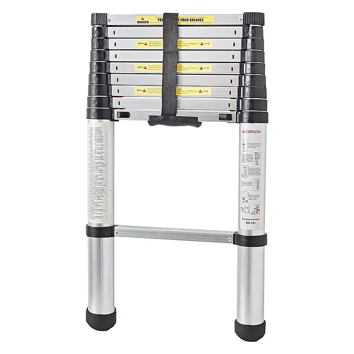 Brunner Anlegeleiter Frankana Laddy Air von Teleskopleiter 10 Stufen - Anzahl Tritte: 10 Stk., Belastbarkeit: 150 kg, Aluminium - Silberne Teleskopleiter mit schwarzen Sprossen und Haltegurt, mit sichtbaren Sicherheitshinweisen und Gebrauchsanleitung.