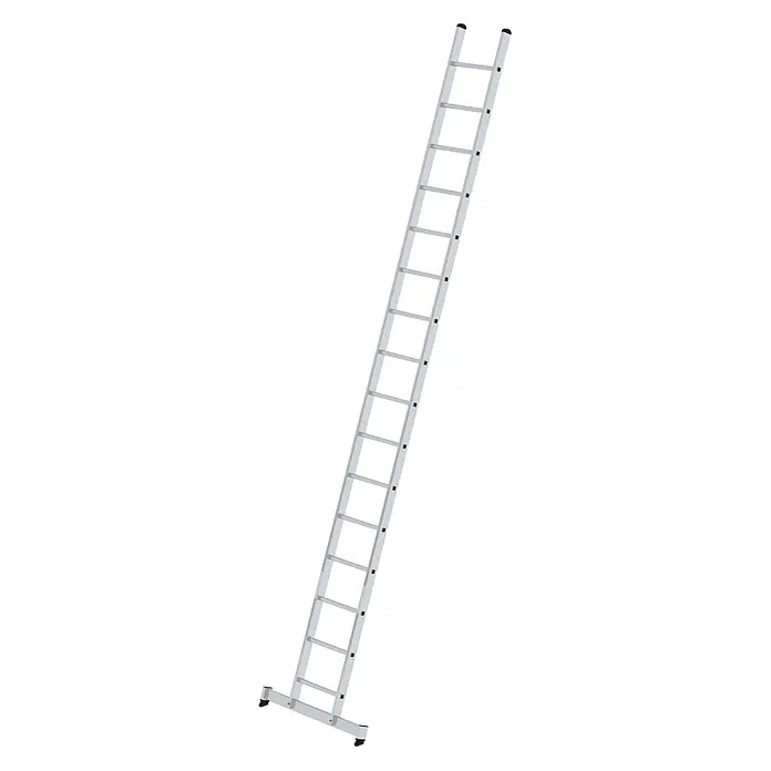Munk Anlegeleiter Anlegeleiter mit nivello-Traverse 16 Sprossen - Anzahl Tritte: 16 Stk., Arbeitshöhe: 5.800 m, Aluminium - Silberne Aluminiumleiter mit schwarzen Antirutschfüßen.