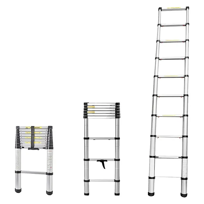 Brunner Anlegeleiter Frankana Laddy Air von Teleskopleiter 10 Stufen - Anzahl Tritte: 10 Stk., Belastbarkeit: 150 kg, Aluminium - Teleskopleiter aus silbernem Aluminium, zusammengeklappt, teilweise und vollständig ausgefahren dargestellt, Betonung des kompakten und vielseitigen Designs.