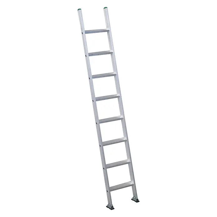 Facal Anlegeleiter Anlegeleiter Prima S600 PM265/L 8 Stufen - Anzahl Tritte: 8 Stk., Arbeitshöhe: 3.550 m, Aluminium - Silberne Aluminiumleiter mit grünen Kappen oben und schwarzen Anti-Rutsch-Füßen.