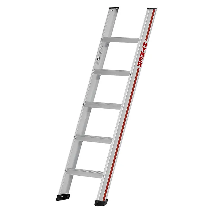 Hymer Anlegeleiter Stufenanlegeleiter mit 8-fach vollvernieteter Stufen 5 Stufen - Anzahl Tritte: 5 Stk., Arbeitshöhe: 2.450 m, Aluminium - Silberne Aluminium-Einfachleiter mit roten Seitenstreifen und schwarzen Anti-Rutsch-Füßen.