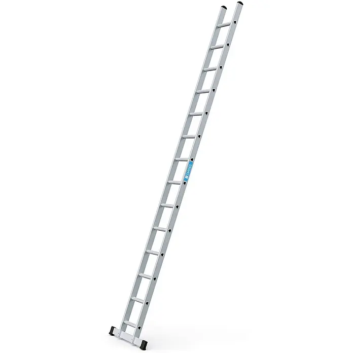 Zarges Anlegeleiter Strato DL gebördelte Sprossenanlegeleiter 14 Sprossen - Anzahl Tritte: 14 Stk., Arbeitshöhe: 4.900 m, Aluminium - Silberne Aluminium-Anlegeleiter mit schwarzen Antirutschfüßen und Endkappen, 18 Sprossen.