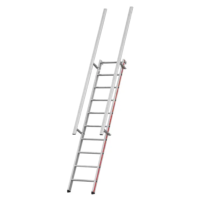 Hymer Anlegeleiter Stufenaufstieg mit Einhängehaken 7 Stufen - Anzahl Tritte: 7 Stk., Arbeitshöhe: 3.610 m, Aluminium - Silberne Aluminium-Dachleiter mit verstellbaren oberen Holmen und roter Sicherheitsmarkierung.