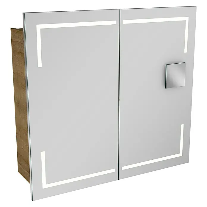 Camargue Stella LED-Spiegelschrank - B x H: 80 x 73,7 cm, Holz, Berg Eiche, Mit Beleuchtung, Kantenausführung Tür: Eckig - Ein moderner Spiegelschrank mit LED-Beleuchtung und Holzrahmen. Der perfekte Schrank für jedes Badezimmer mit einer minimalistischen Optik.