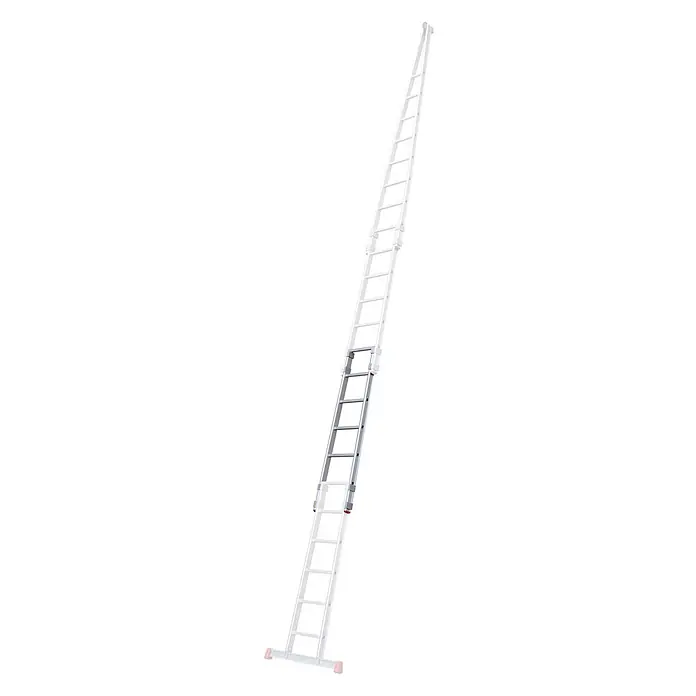 Siedra-Leitern Anlegeleiter Glasreinigerleiter 157 mit 5 Sprossen - Einzelteil Mittelteil - Anzahl Tritte: 5 Stk., Aluminium - Silberne Aluminium-Ausziehleiter, teilweise ausgefahren, mit orangefarbenen Füßen.