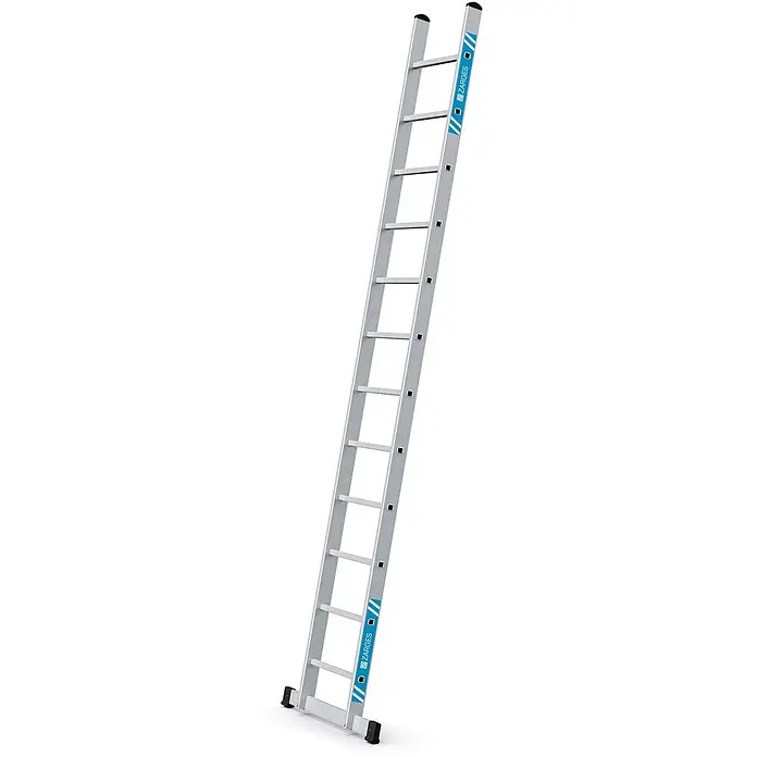 Zarges Anlegeleiter Stella L Anlegeleiter 12 Sprossen - Anzahl Tritte: 12 Stk., Arbeitshöhe: 4.400 m, Aluminium - Silberne Aluminium-ZARGES-Leiter mit schwarzen Füßen und blauen Logo-Akzenten.