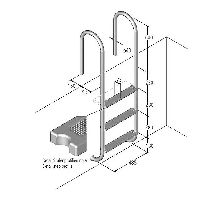 Ideal Eichenwald Anlegeleiter Poolleiter Modell 01 Tina Beckentiefe 1060mm 3 Stufen - Anzahl Tritte: 3 Stk., Belastbarkeit: 120 kg, Edelstahl - Technische Zeichnung einer grauen Edelstahl-Poolleiter mit drei Stufen. Maße sind angegeben.