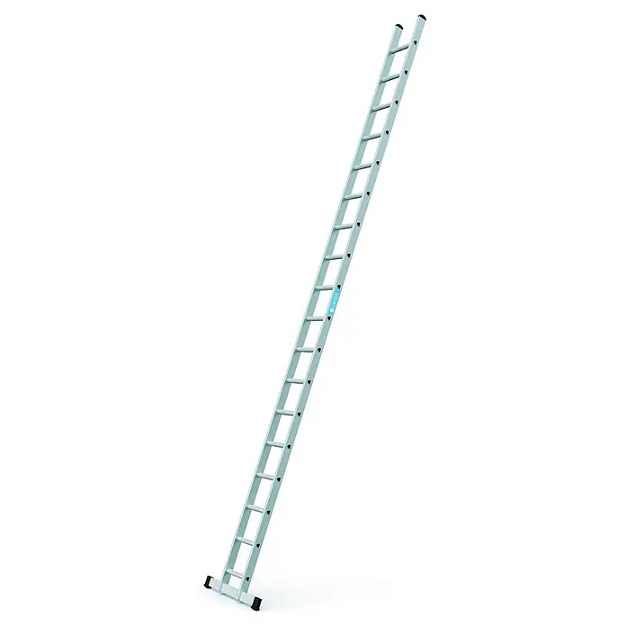 Zarges Anlegeleiter Strato DL gebördelte Sprossenanlegeleiter 18 Sprossen - Anzahl Tritte: 18 Stk., Arbeitshöhe: 5.950 m, Aluminium - Lange silberne Aluminiumleiter mit schwarzen Anti-Rutsch-Füßen.