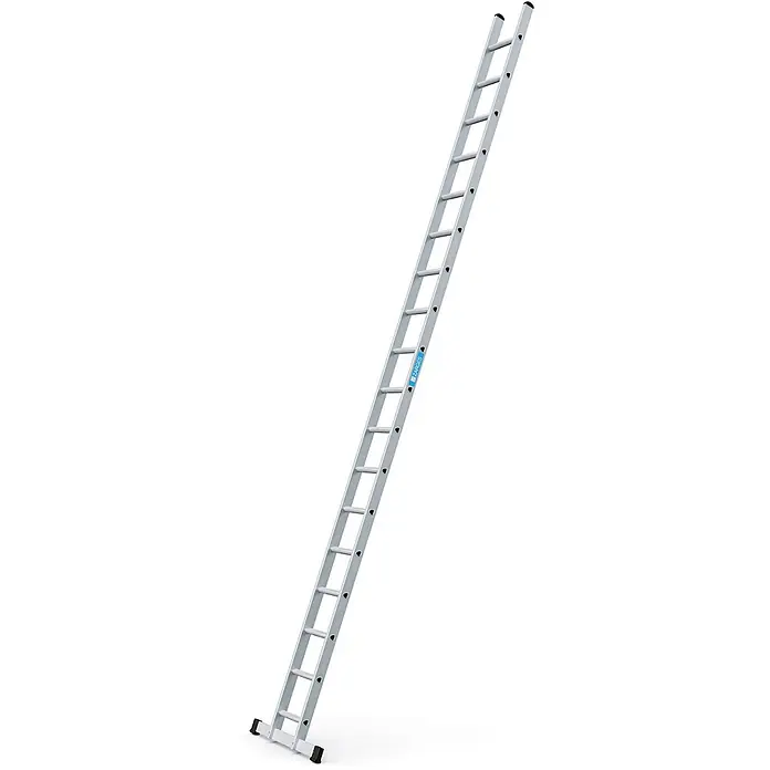 Zarges Anlegeleiter Strato DL gebördelte Sprossenanlegeleiter 18 Sprossen - Anzahl Tritte: 18 Stk., Arbeitshöhe: 5.950 m, Aluminium - Silberne Aluminium-Anlegeleiter mit schwarzen Füßen.