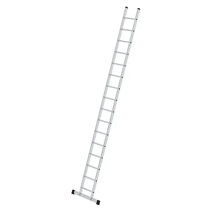 Munk Anlegeleiter Anlegeleiter mit Traverse 16 Sprossen - Anzahl Tritte: 16 Stk., Arbeitshöhe: 5.800 m, Aluminium - Lange silberne Aluminiumleiter mit schwarzen rutschfesten Füßen und oberen Kappen.