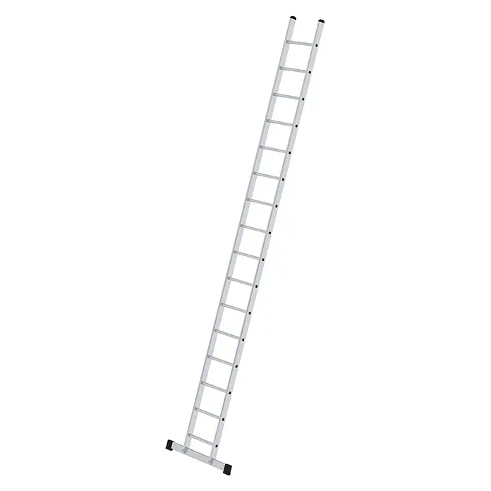 Munk Anlegeleiter Anlegeleiter mit Traverse 16 Sprossen - Anzahl Tritte: 16 Stk., Arbeitshöhe: 5.800 m, Aluminium - Silberne Aluminiumleiter mit vielen Sprossen und schwarzen Gummifüßen.