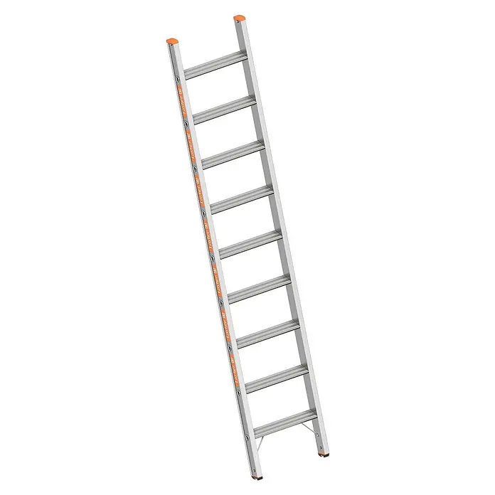Layher Anlegeleiter Topic 1042 Stufenanlegeleiter 9 Stufen - Anzahl Tritte: 9 Stk., Arbeitshöhe: 3.350 m, Aluminium - Silberne Aluminium-Anlegeleiter mit mehreren Sprossen und orangefarbenen Kappen an den Enden.