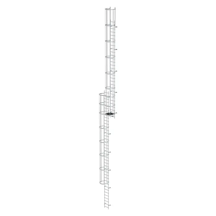Munk Anlegeleiter ortsfeste Steigleitern Aluminium, 17,08m SH - Aluminium - Silberne Industrieleiter mit Schutzkorb, Zwischenplattform und Wandbefestigungen.