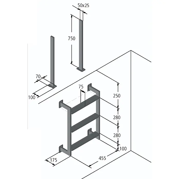 Ideal Eichenwald Anlegeleiter Poolleiter Modell 12.3 Klassik Beckentiefe 780mm 2 Stufen - Anzahl Tritte: 2 Stk., Belastbarkeit: 120 kg, Edelstahl - Graues Metall-Wandregalsystem mit drei Ebenen und Pfosten, alle Maße angegeben.