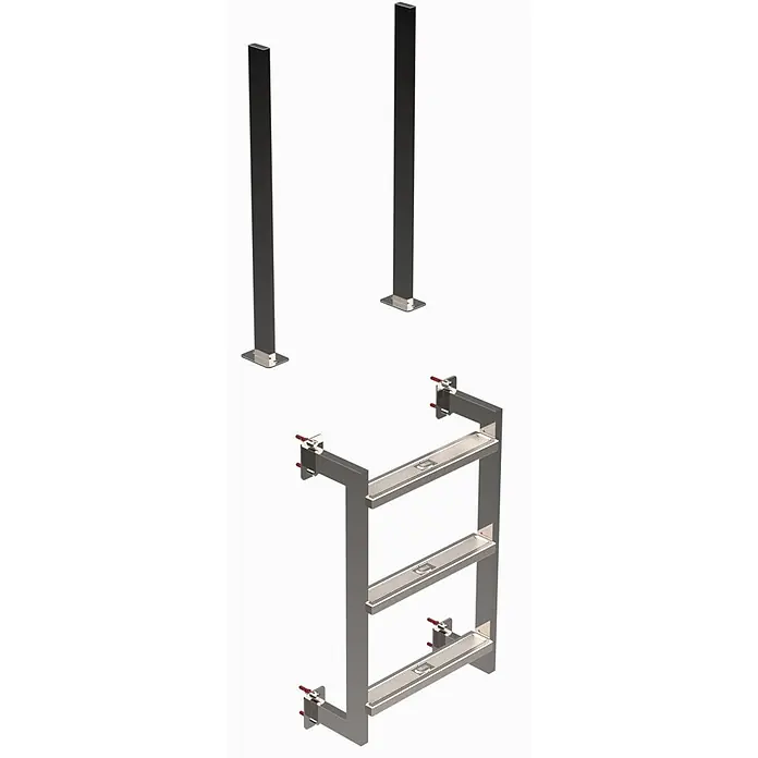 Ideal Eichenwald Anlegeleiter Poolleiter Modell 12.3 Klassik Beckentiefe 780mm 2 Stufen - Anzahl Tritte: 2 Stk., Belastbarkeit: 120 kg, Edelstahl - Zwei dunkle Vierkantpfosten und eine silberne Dreistufenleiter mit Lochstufen und roten Befestigungen.