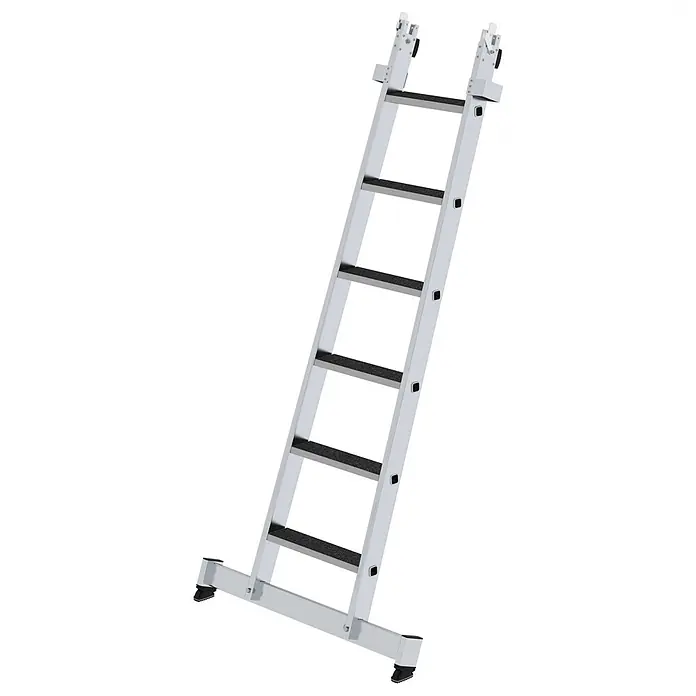 Munk Anlegeleiter Stufen-Glasreinigerleiter mit nivello-Traverse clip-step R13, 6-stufiges Un - Anzahl Tritte: 6 Stk., Aluminium - Silberne Aluminium-Anlegeleiter mit schwarzen Anti-Rutsch-Sprossen und verstellbaren Füßen.