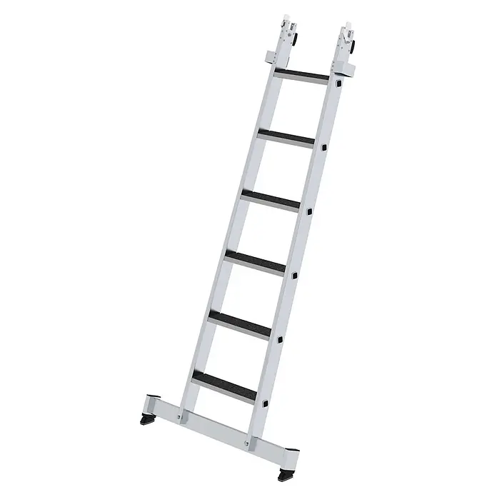 Munk Anlegeleiter Stufen-Glasreinigerleiter mit nivello-Traverse clip-step R13, 6-stufiges Un - Anzahl Tritte: 6 Stk., Aluminium - Silberne Aluminiumleiter mit breiten, rutschfesten schwarzen Stufen und stabilisierender Basis.