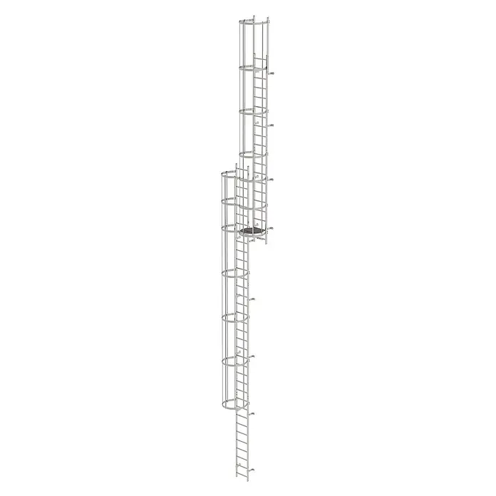 Munk Anlegeleiter ortsfeste Steigleitern Edelstahl, 13,44m SH - Edelstahl - Modulares silber-graues Metall-Steigleiternsystem mit Zwischenpodest für sicheren vertikalen Zugang.