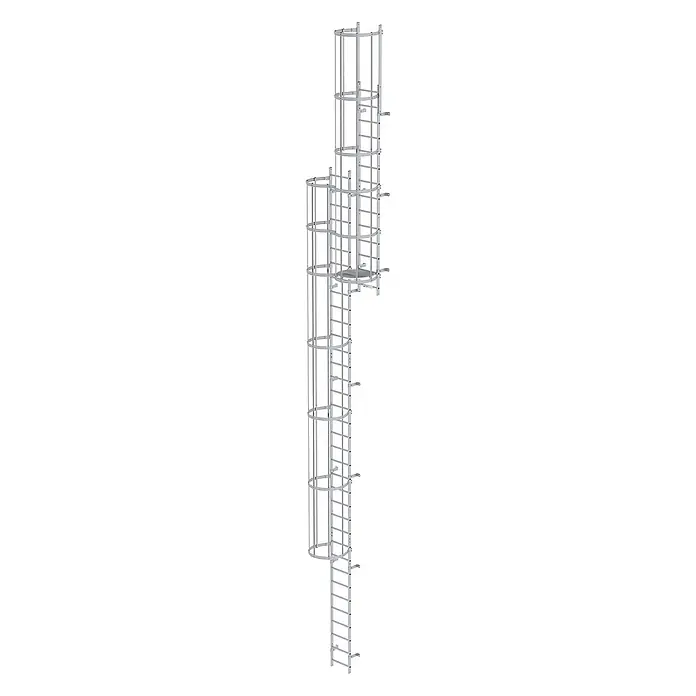 Munk Anlegeleiter ortsfeste Steigleitern Aluminium eloxiert, 11,76m SH PG1 - Aluminium - Silberne Metall-Industrieleiter mit Schutzkorb und Zwischenplattform.