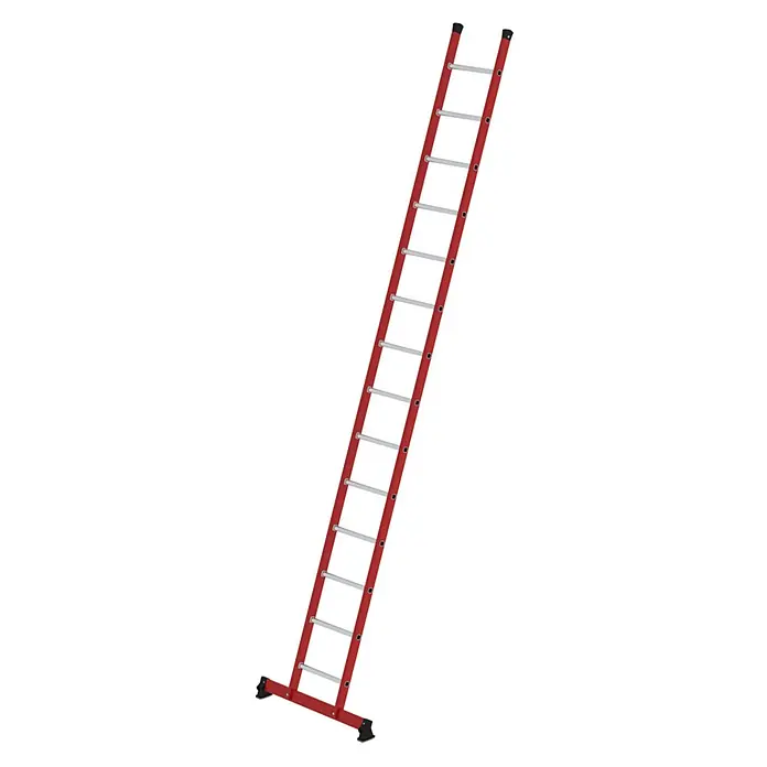 Munk Anlegeleiter Kunststoff-Anlegeleiter GFK/Alu mit nivello®-Traverse 14 Sprossen - Anzahl Tritte: 12 Stk., Arbeitshöhe: 4.700 m, Kunststoff - Rote Anstellleiter mit silbernen Sprossen und schwarzen rutschfesten Füßen.